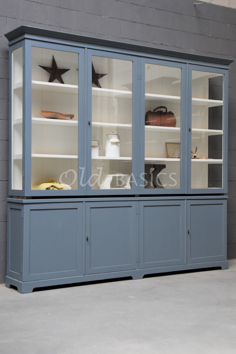 Vitrinekast Grenoble, 4 deuren, RAL7031, blauw, grijs, materiaal hout